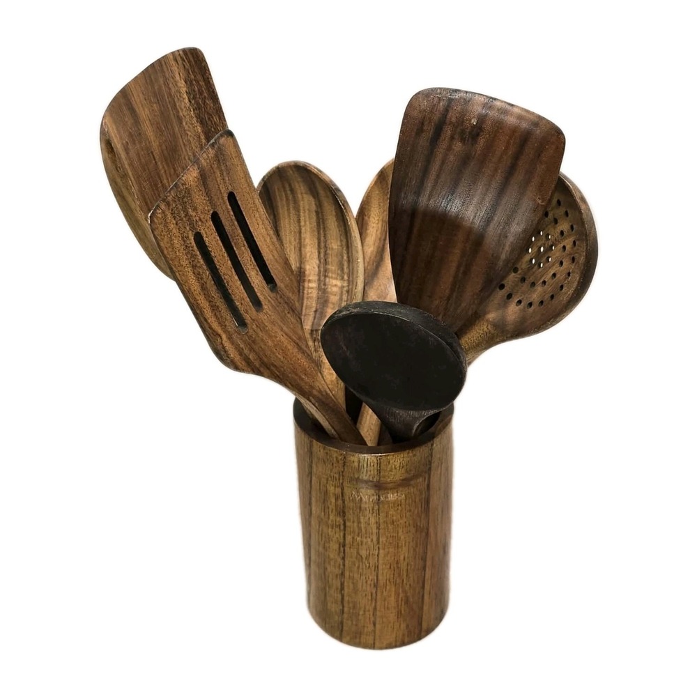 Mooues Acacia Wood Utensil Set w Holder 8pc GUC Rustic Kitchen‎ 🍴